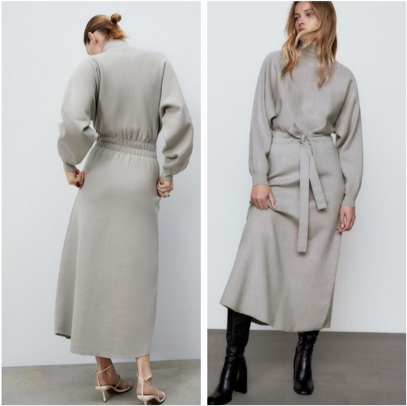 ZARA Thick Knitted High Neck Turtle Neck‎ Midi Dress Sweater Size Small - Picture 1 of 16